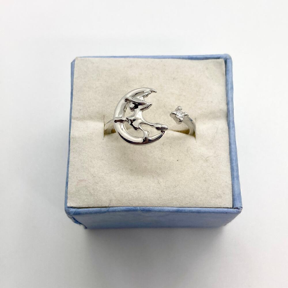 Adjustable Silver Tone Crescent Moon Witch Ring with CZ Stone